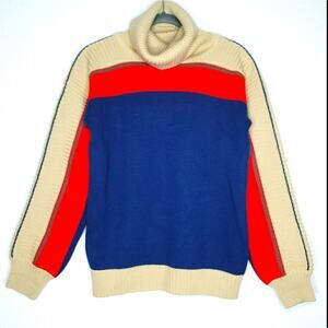 Vintage 90s Wool Blend Knit Color Block Ribbed Turtleneck Sweater, Large